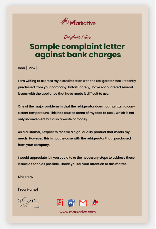 Sample Complaint Letter Against Bank Charges