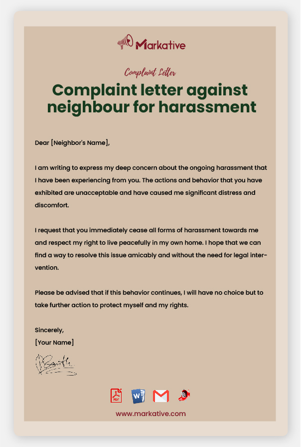 Sample Complaint Letter Against Neighbour