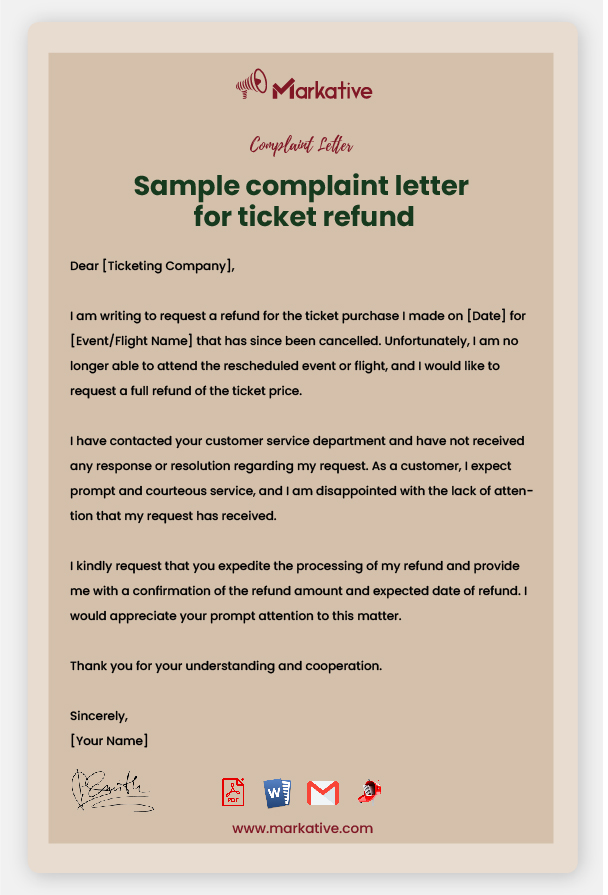 Sample Complaint Letter For Ticket Refund