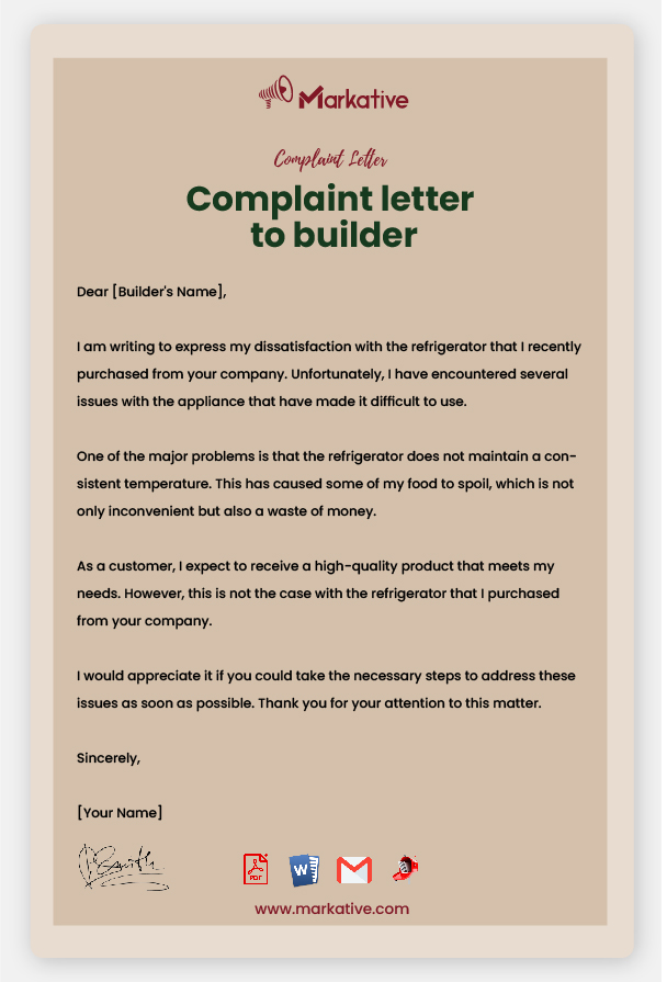 Sample Complaint Letter To Builder