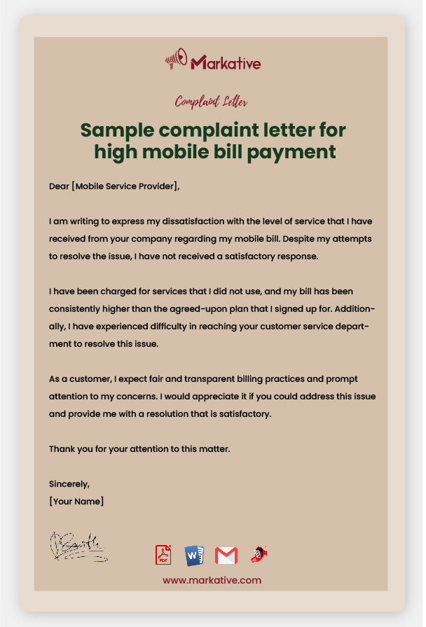 Sample Complaint Letter for High Mobile Bill