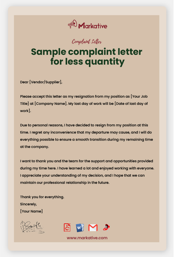 Sample Complaint Letter for Less Quantity