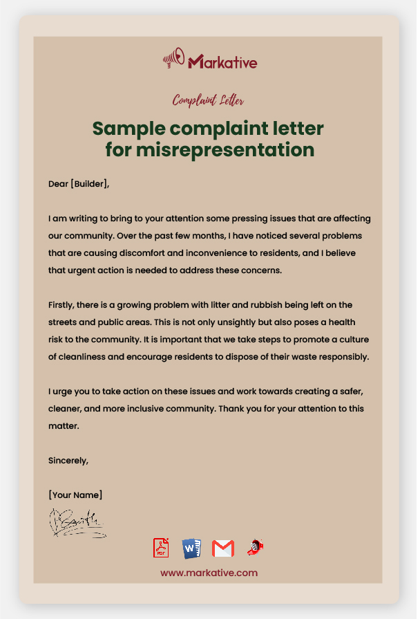 Sample Complaint Letter for Misrepresentation