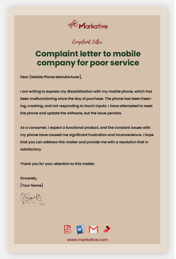 Sample Complaint Letter for Mobile Phone Not Working