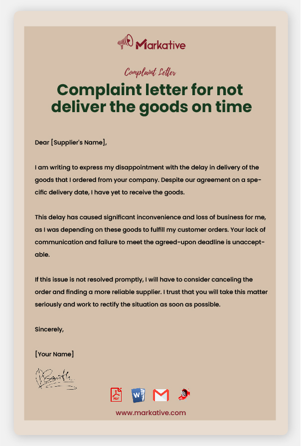 Sample Complaint Letter for Not Deliver the Goods
