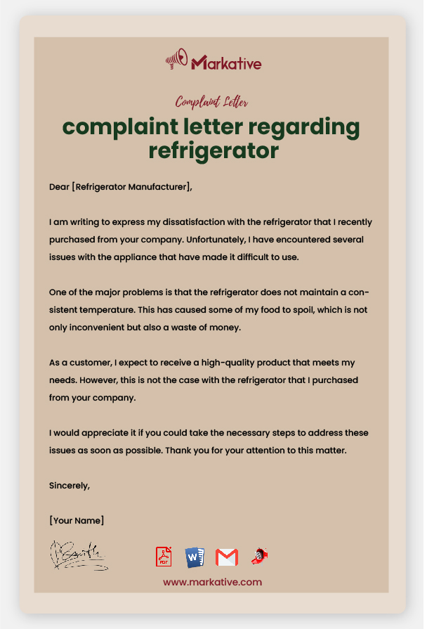 Sample Complaint Letter for Refrigerator