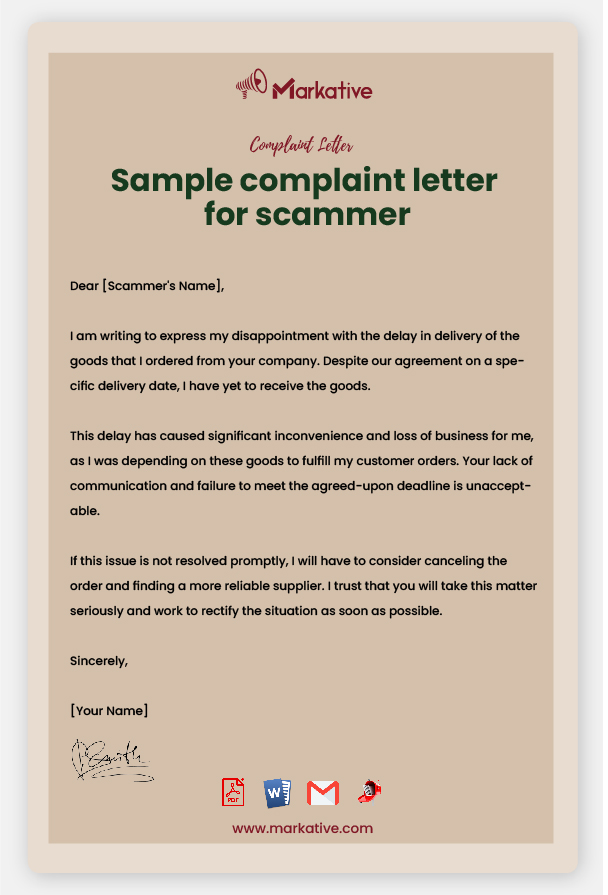 Sample Complaint Letter for Scammer