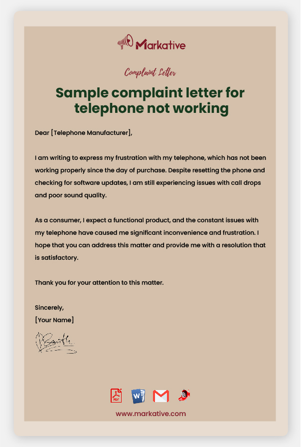 Sample Complaint Letter for Telephone Not Working