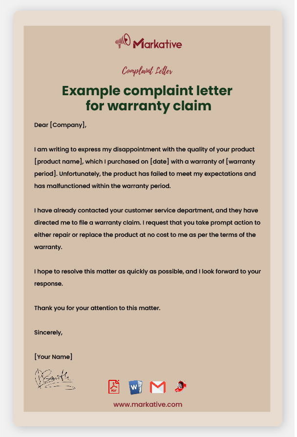 Sample Complaint Letter for Warranty Claim