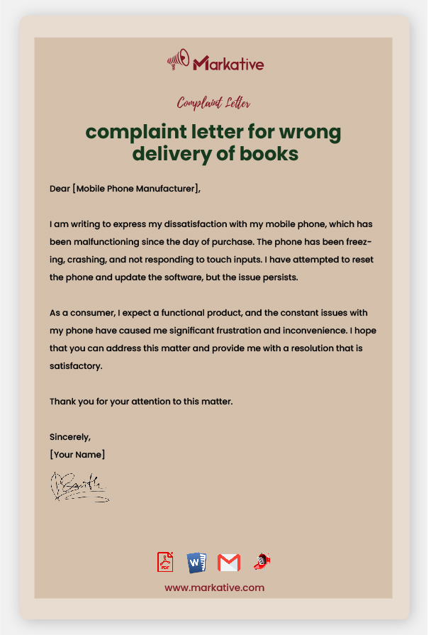 Sample Complaint Letter for Wrong Delivery of Books