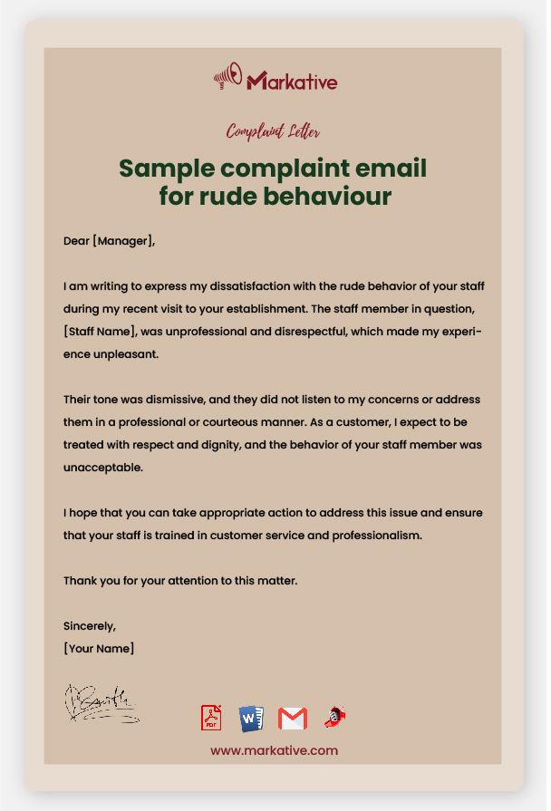 Sample Complaint Letter on Rude Behaviour of Staff