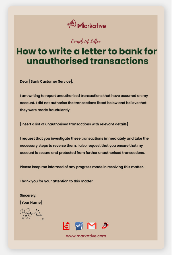 Sample Complaint Letter to Bank for Unauthorised Transactions
