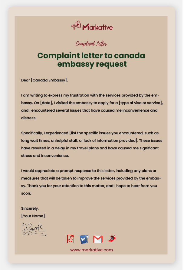 Sample Complaint Letter to Canada Embassy