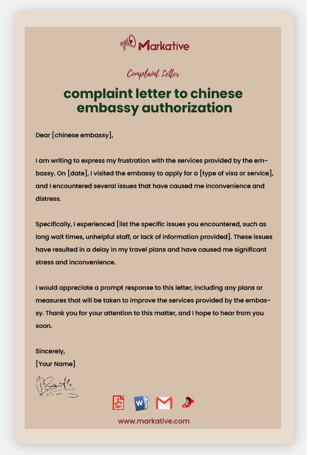 Sample Complaint Letter to China Embassy
