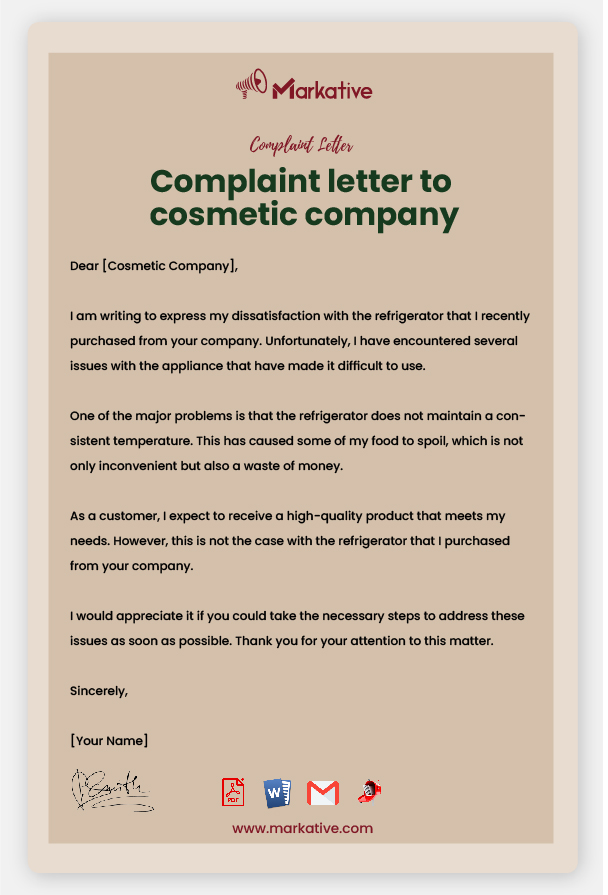 Sample Complaint Letter to Cosmetic Company