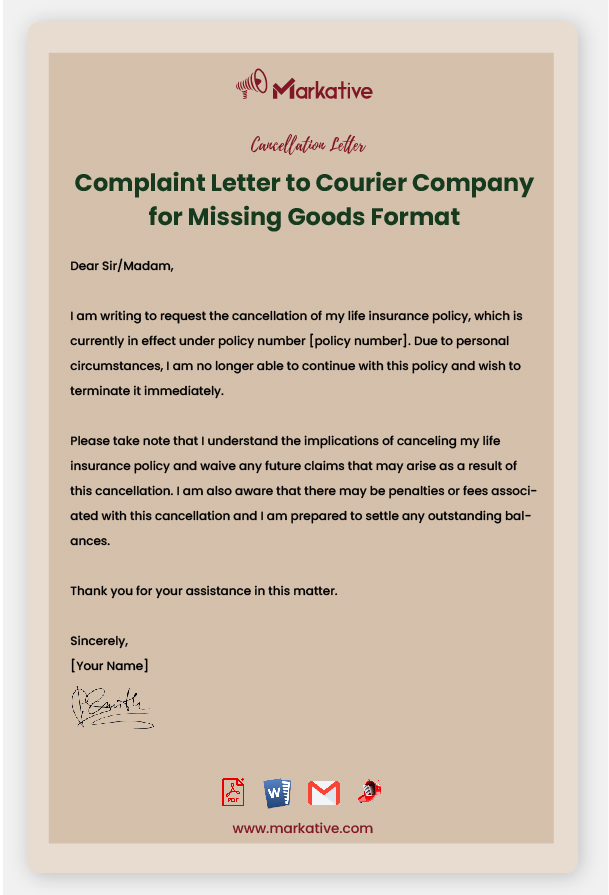 Sample Complaint Letter to Courier Company for Missing Goods
