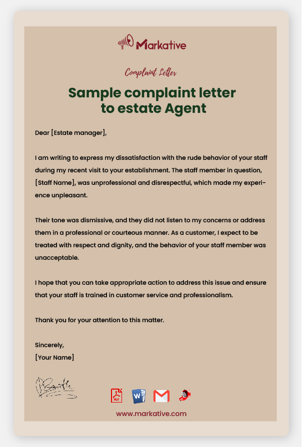 Sample Complaint Letter to Estate Agent