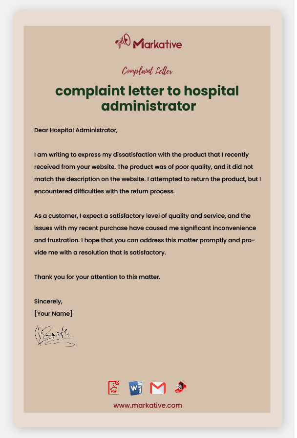 Sample Complaint Letter to Hospital Administrator