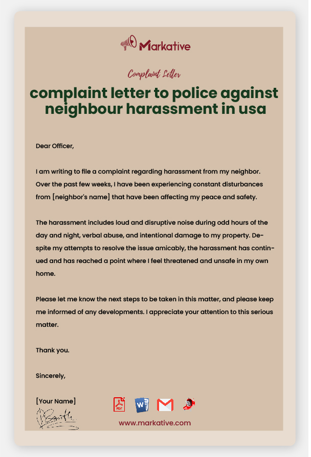 Sample Complaint Letter to Police Against Neighbour Harassment