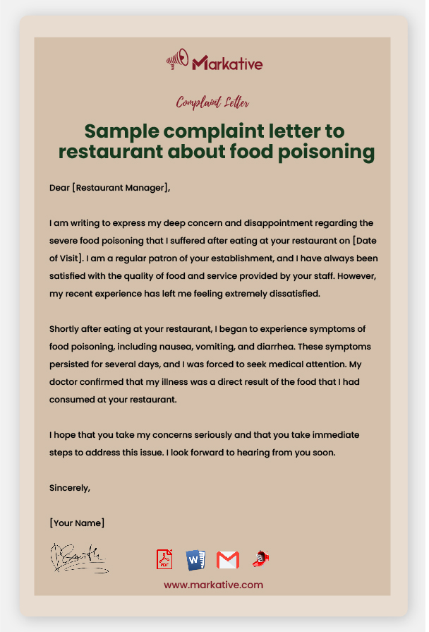 Sample Complaint Letter to Restaurant About Food Poisoning
