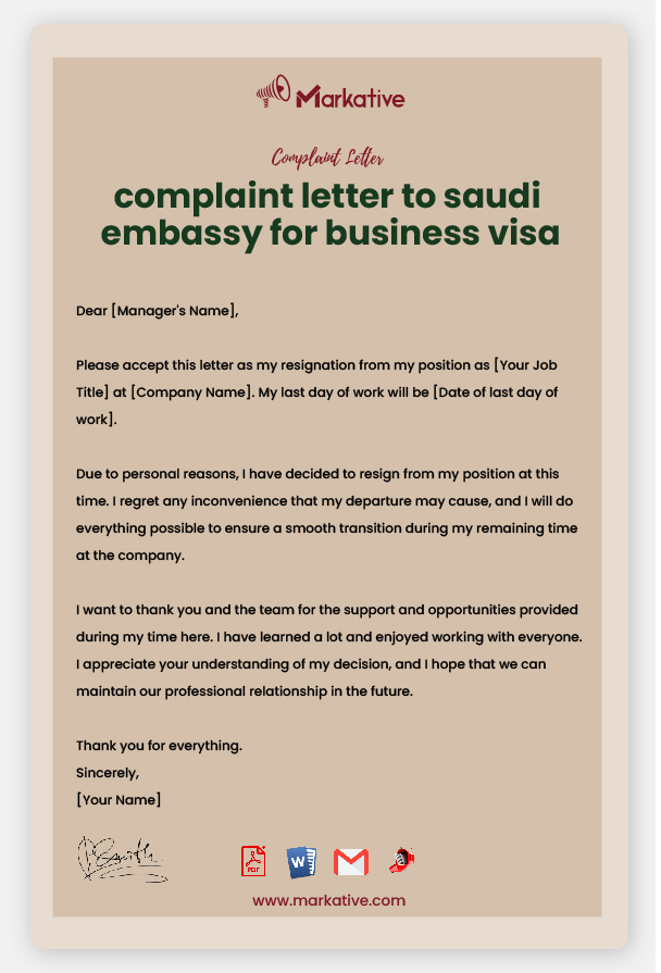 Sample Complaint Letter to Saudia Embassy