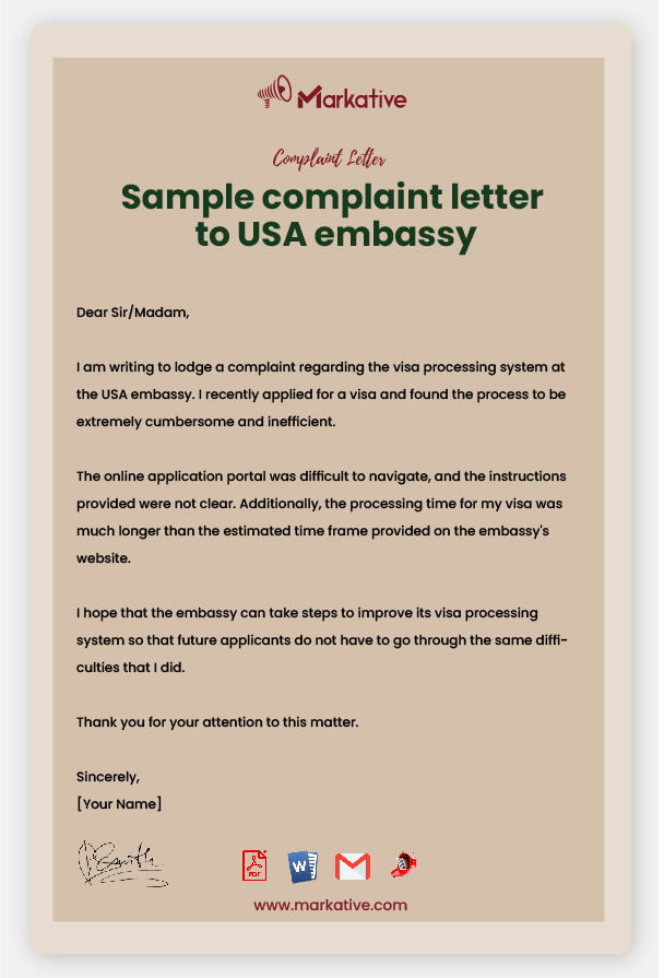 Sample Complaint Letter to USA Embassy