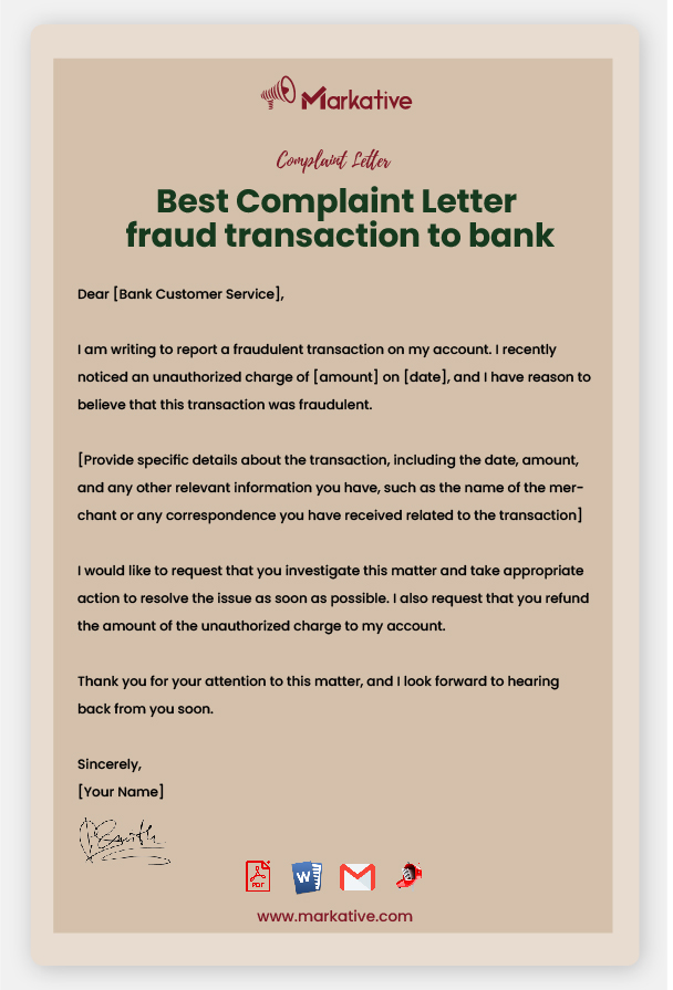 Sample Fraud Transaction Complaint Letter to Bank
