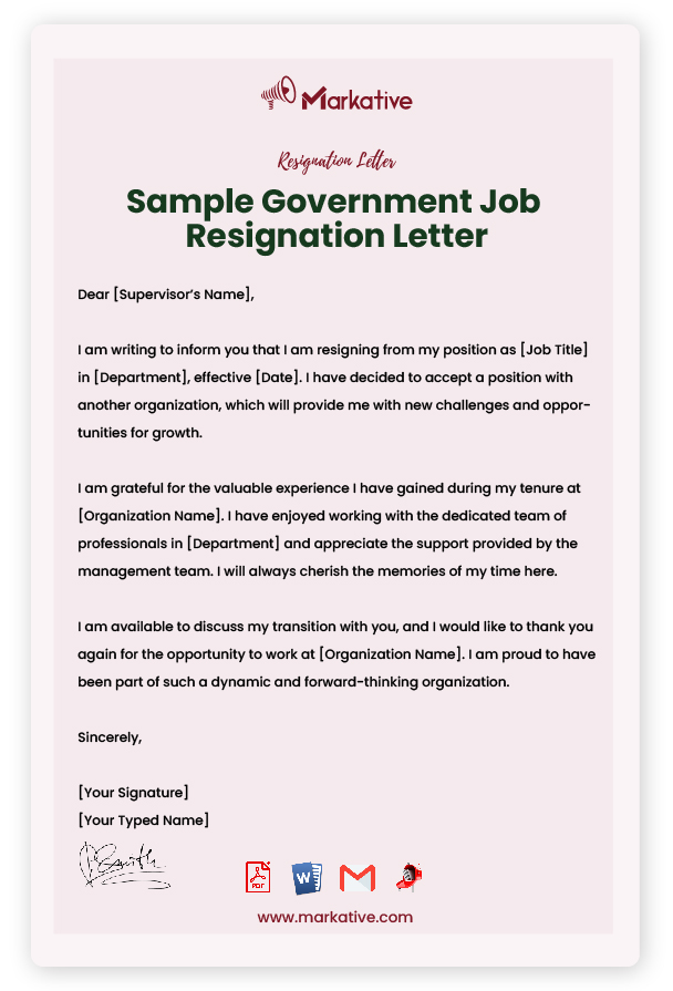 Sample Government Job Resignation Letter