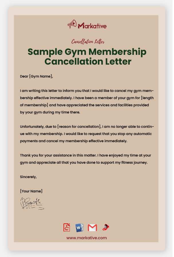 Sample Gym Membership Cancellation Letter