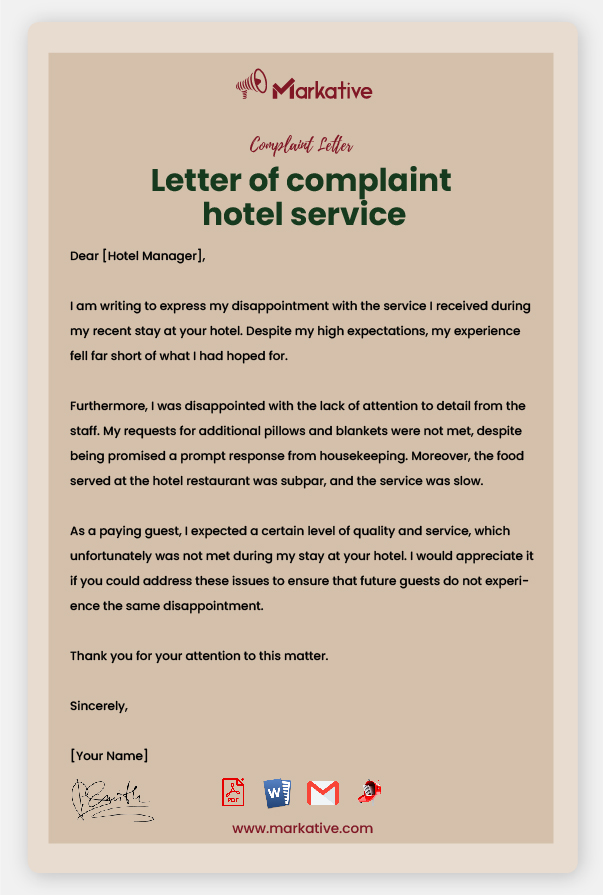 Sample Letter of Complaint Hotel