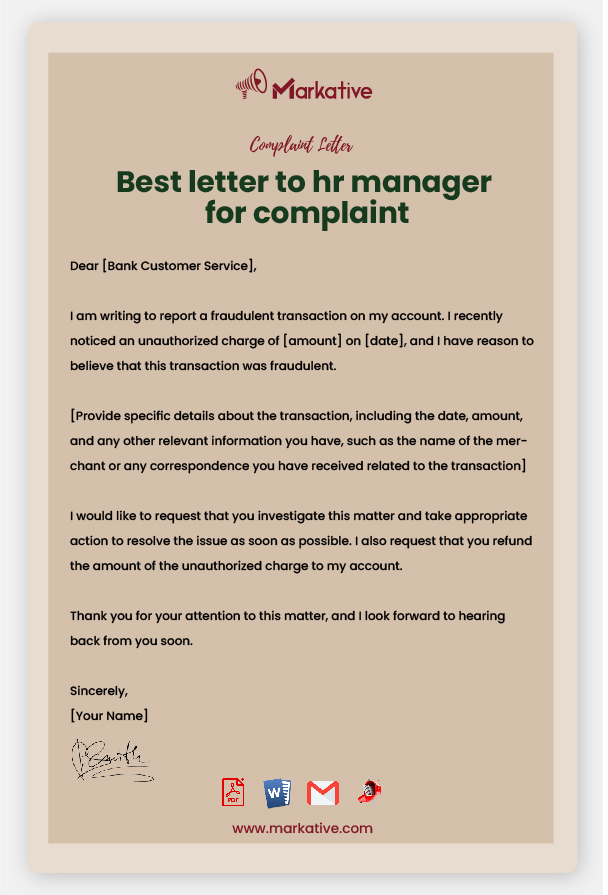 Sample Letter to HR Manager for Complaint