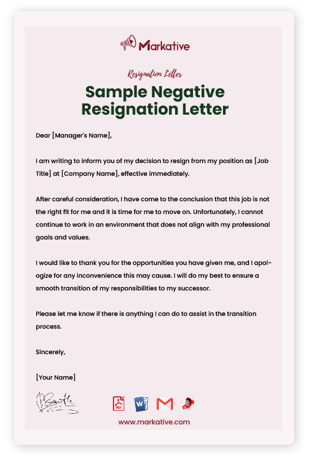Sample Negative Resignation Letter