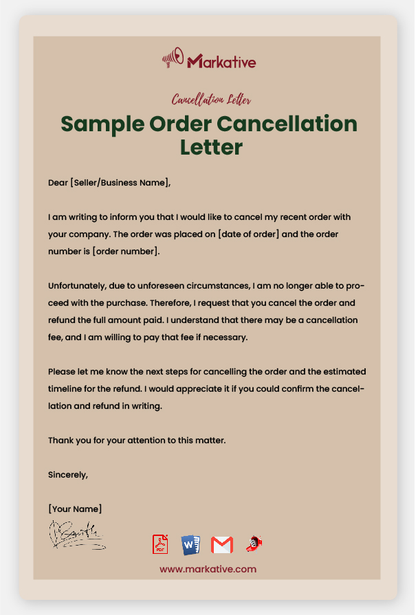Sample Order Cancellation Letter