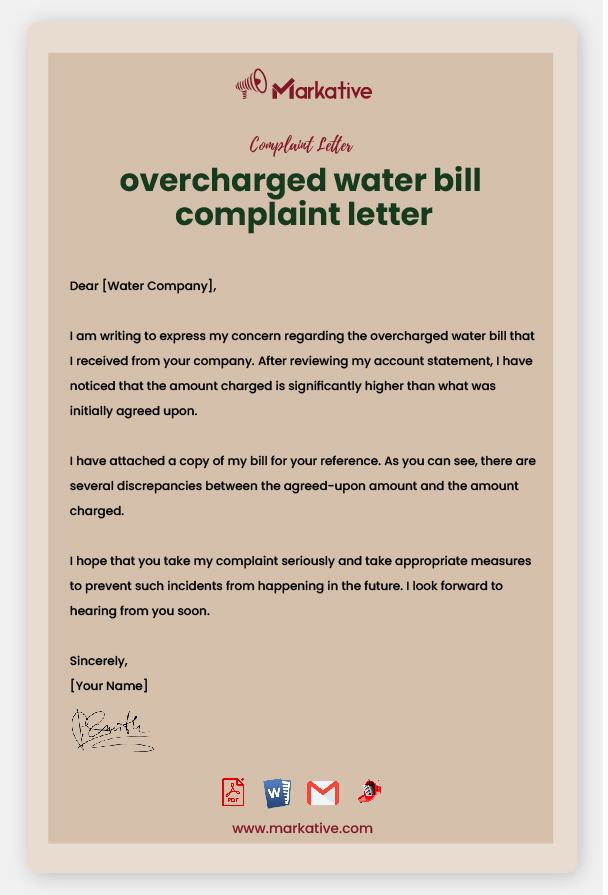 Sample Overcharged Bill Complaint Letter