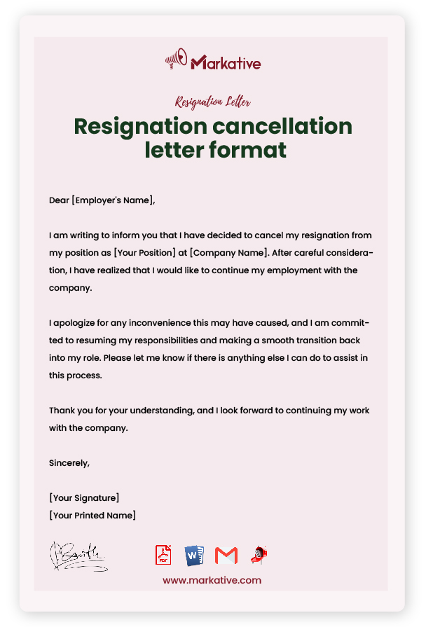 Sample Resignation Cancellation Letter