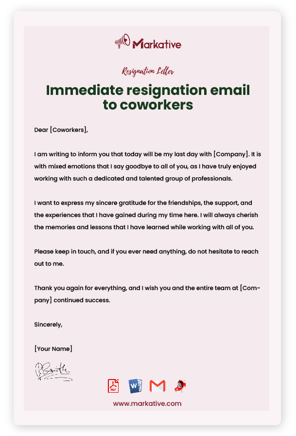 Sample Resignation Email to Coworkers
