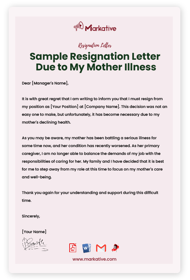 Sample Resignation Letter Due to My Mother Illness