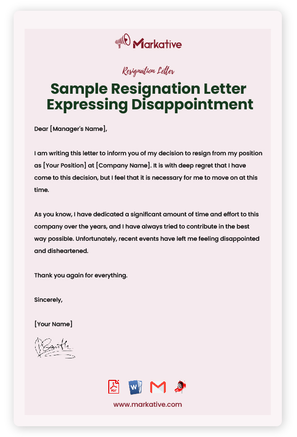 Sample Resignation Letter Expressing Disappointment