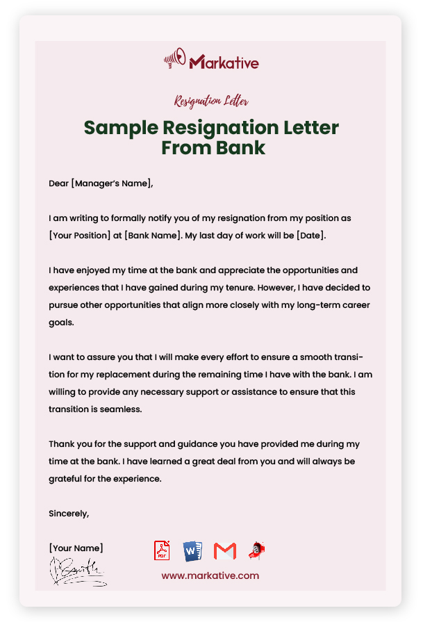 Sample Resignation Letter From Bank