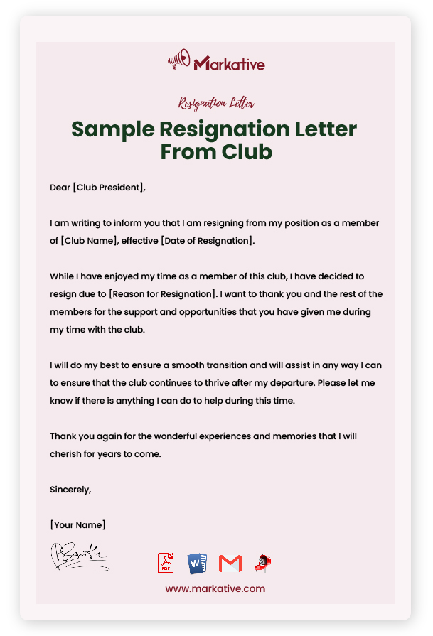Sample Resignation Letter From Club