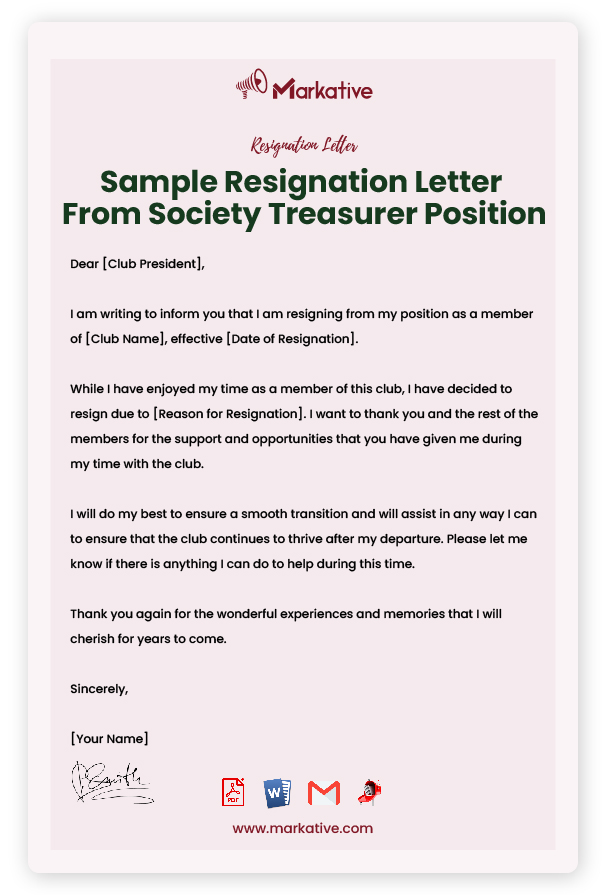 Sample Resignation Letter From Society Treasurer Position