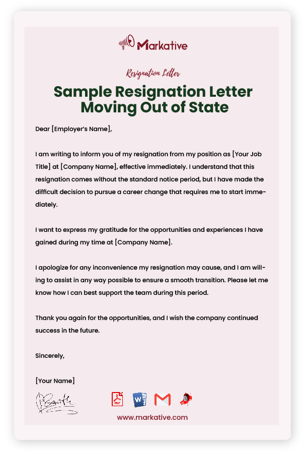 Sample Resignation Letter Moving Out of State