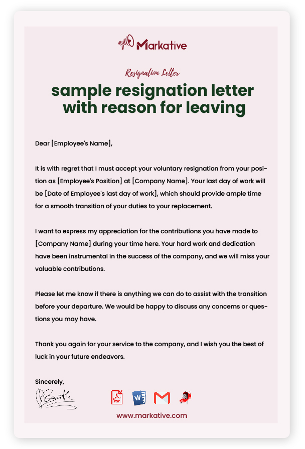 Sample Resignation Letter With Reason for Leaving without Notice Period
