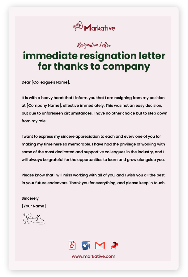 Sample Resignation Letter With Thanks to Company