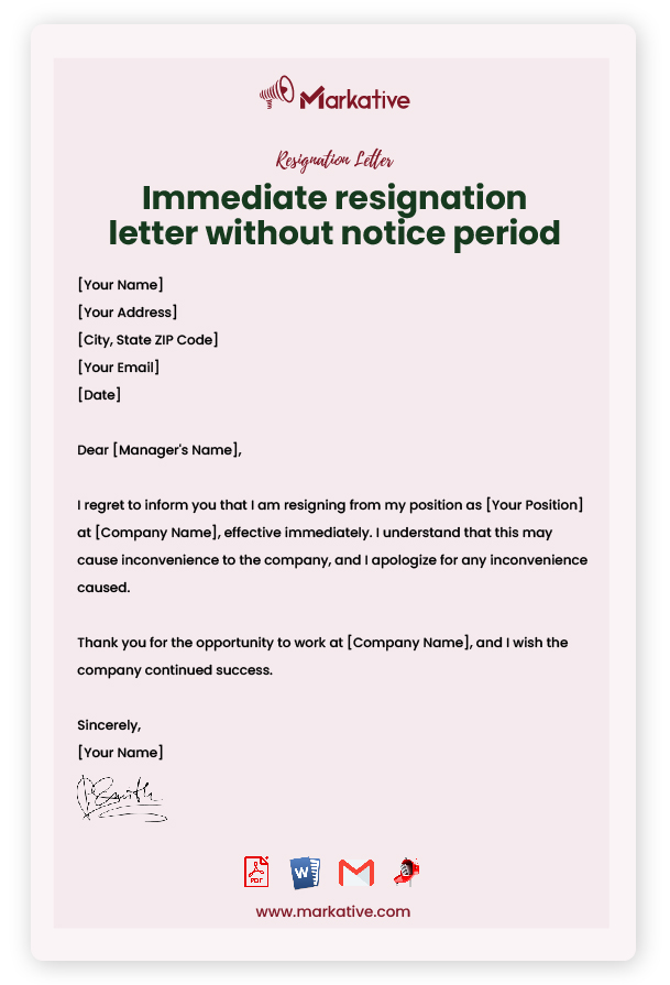 Sample Resignation Letter Without notice period