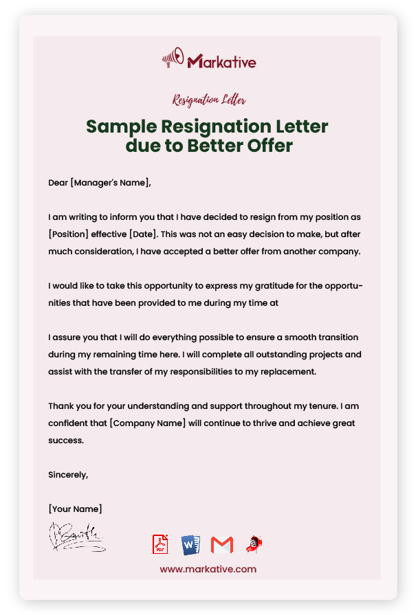 Sample Resignation Letter due to Better Offer