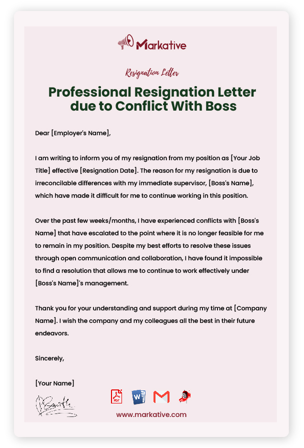 Sample Resignation Letter due to Conflict With Boss