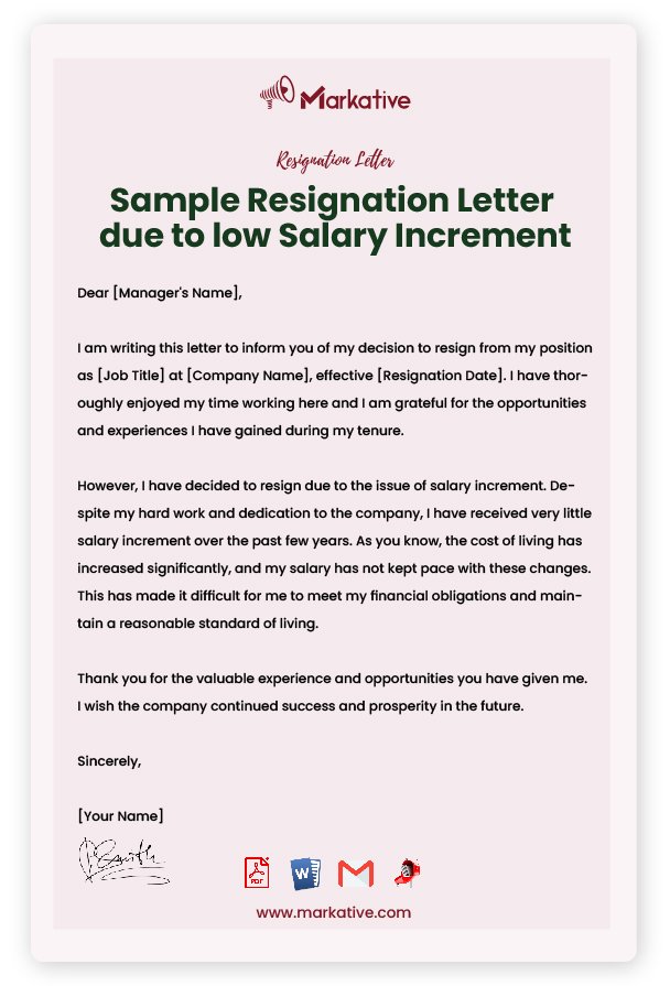 Sample Resignation Letter due to low Salary Increment