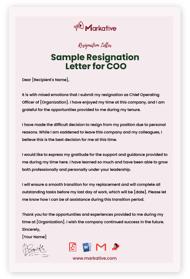 Sample Resignation Letter for COO