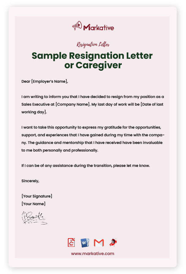 Sample Resignation Letter for Caregiver
